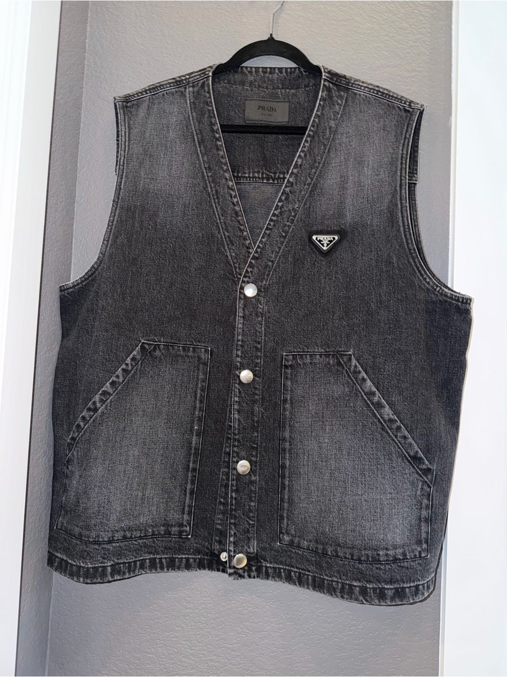 Prada Men's Washed Black Denim Vest with Logo Patch